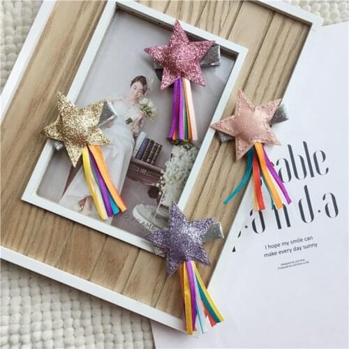 12pcs/lot No Slip Cotton Inside Glitter Star Tassels Hair Clips Purple Pink Star with Sparkly Silver Hairpin Barrette Girl Gift