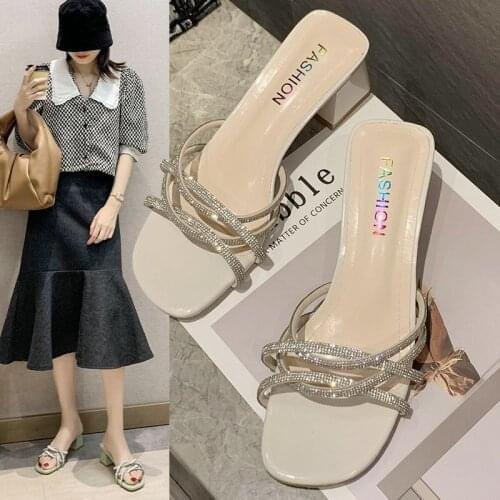 2021 Fashion Half Slippers Womens Square Head Rhinestone Decoration Summer and Autumn Sandals Small Fresh Sandals and Slippers