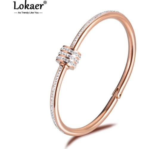 Lokaer Stainless Steel Rotating Opening Cubic Zirconia Cuff Bangles Bracelets Lovers Jewelry Valentines Day Gift B18060