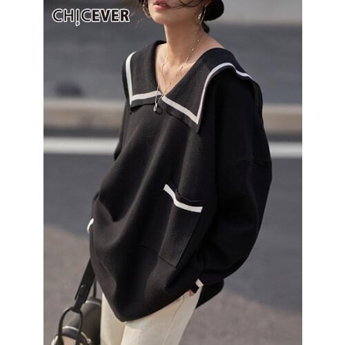 CHICEVER Korean Fashion Loose Sweaters For Women Sailor Collar Long Sleeve Oversize Solid Casual Sweater Female New Clothes 2021