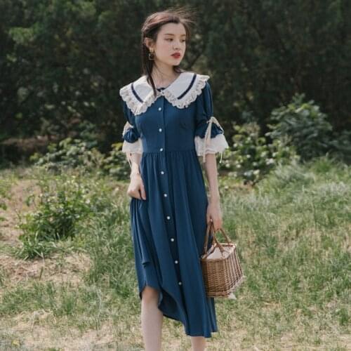 French Vintage Dress Women 2021 Vestido Summer Short-Sleeved Lace Stitching Doll Collar Sweet Kawaii Dresses Female Temperament