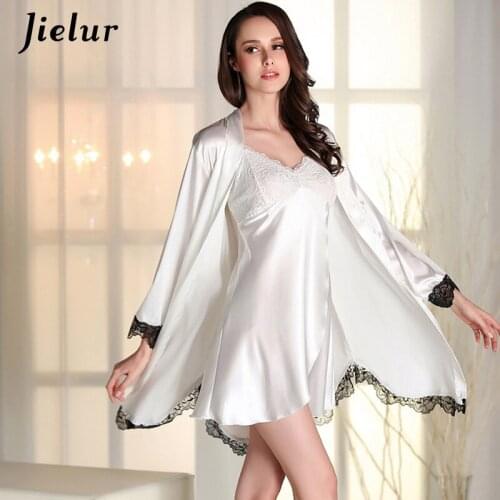 Jielur Sexy Womens Robe & Gown Sets Lace Bathrobe+Mini Night Dress Two Pieces Homewear Faux Silk Sleep Set Patchwork Sleepwear