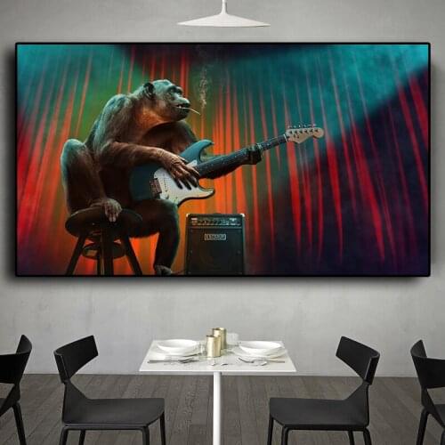 Smoking Monkey Playing Guitar Animal Posters and Print Abstract Gorilla Canvas Painting Wall Art Picture for Living Room Cuadros
