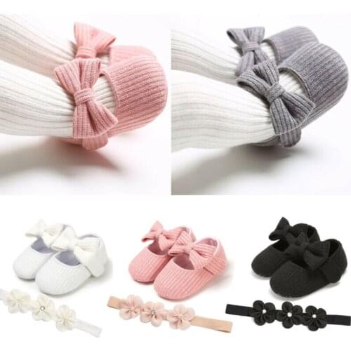 Cute Newborn Baby Girl Soft Sole Crib Shoes Anti-slip Sneaker Prewalker Princess Bowknot Shoes First Walker With Headband 0-18M