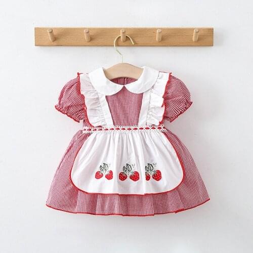 New childrens Lolita summer Princess Dress summer Plaid short sleeve strawberry embroidered skirt