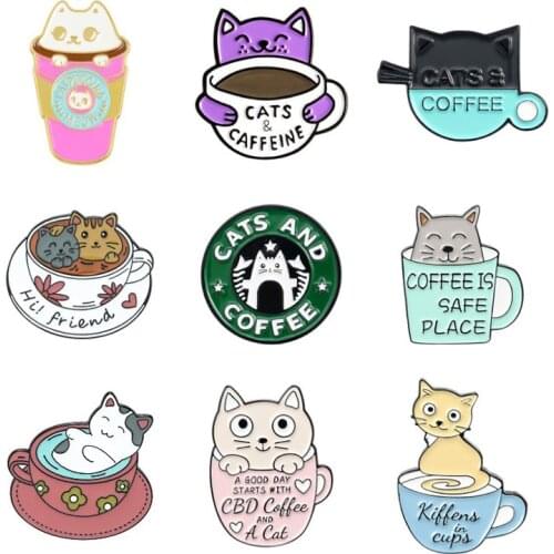Cute Coffee Mug Lapel Pin Cups Badges Cats and Coffee Enamel Pins Collection Kittens Brooches for The Coffee Lover Cat Kids Gift