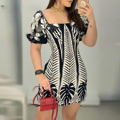 New contrast color plant print short-sleeved waist dress mini dress