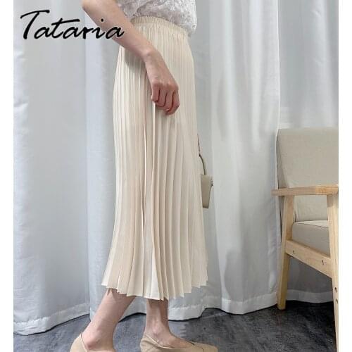 Pleated Long Skirt Women Korean Style Fall Elastic Waist Skirt Casual Loose Office Lady Clothes Straight Bottoms Midi Skirt 2021