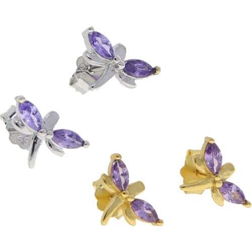 Wholesale korean new 925 sterling silver dragonfly stud earrings tiny purple cz gold plated jewelry brincos pendientes de plata