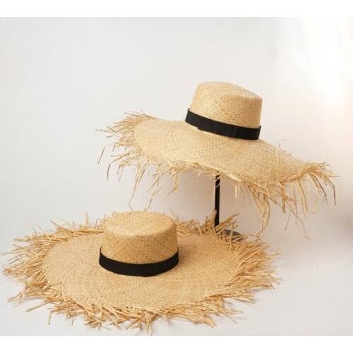 Unisex Raffia Hat Fringed Straw Hat Large Wide Brim Sun Hat For Women With Ribbon Man Beach Cap Summer UV Hat Holiday Visor Hat