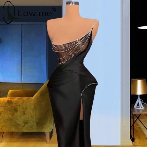 Sexy Black Long Mermaid Evening Dresses 2021 Beaded Satin Ruched Formal Prom Party Gowns Custom Made