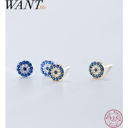 WANTME Real 925 Sterling Silver Fashion Blue Zircon Demon Eye Bohemian Stud Earrings for Women Charming Party Evil Eyes Jewelry
