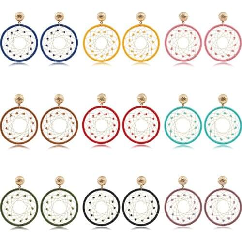 Candy Color Silk Dream Catcher Earrings Exaggerated Big Round Handmade Natural Stone Ethnic Earrings Women BOHO Charm Jewelry