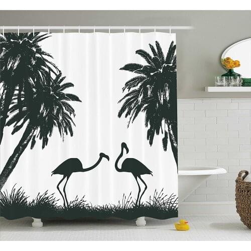 Nature Shower Curtain Flamingo Birds and Palm Trees in Miami Exotic Tropical Artwork Bathroom Waterproof Curtains