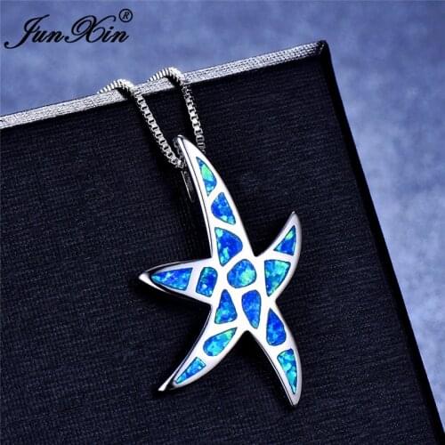 Boho Female Starfish Necklace Blue White Fire Opal Necklaces & Pendants Fashion silver color Animal Wedding Jewelry