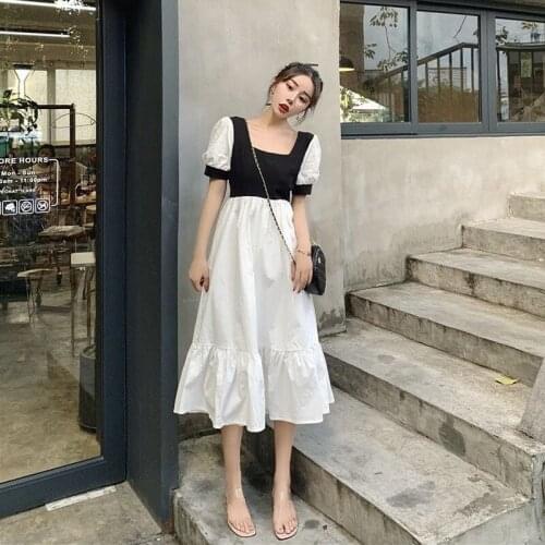 Summer womens dress 2021 French retro square collar temperament long skirt childrens goddess model dress waist slim dress