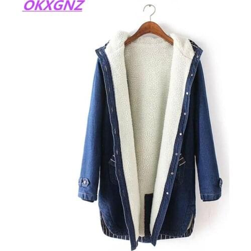 Winter Women Denim Jacket Flocking Coats New Fashion Hooded Cotton Parkas Plus Size Jackets Female Warm Casual Outerwear OKXGNZ