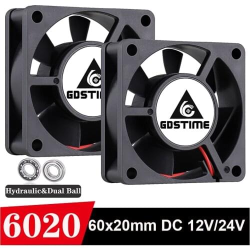 2PCS Gdstime DC 12V 24V 6cm axial Fan Cooler 60x60x20mm 6020 2Pin 60mm x 20mm PC Case CPU Motor Cooling Radiator