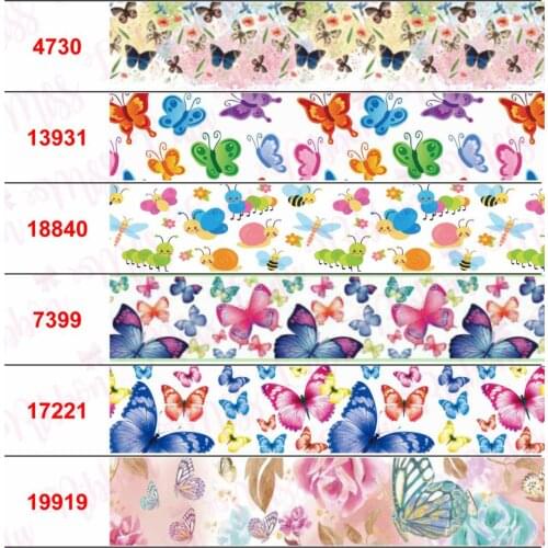 16mm-75mm Colorful Butterfly Series Watercolor Printed Grosgrain/Elastic Ribbon Flower Green DIY Hair Bowknots 50yards/roll