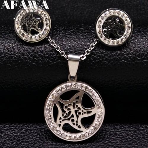 2021 Round Starfish Stainless Steel Set Jewelry Women Silver Color Crystal Earrings Necklace Set Jewelry bisuteria S178348