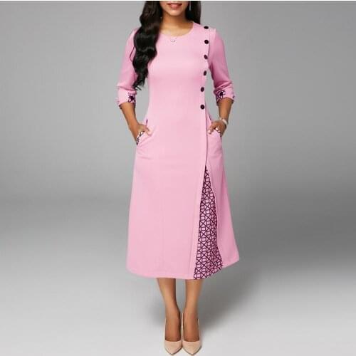 70% Hot Sell Plus Size Party Autumn Women Geometric Patchwork 3/4 Sleeve Midi Swing Dress