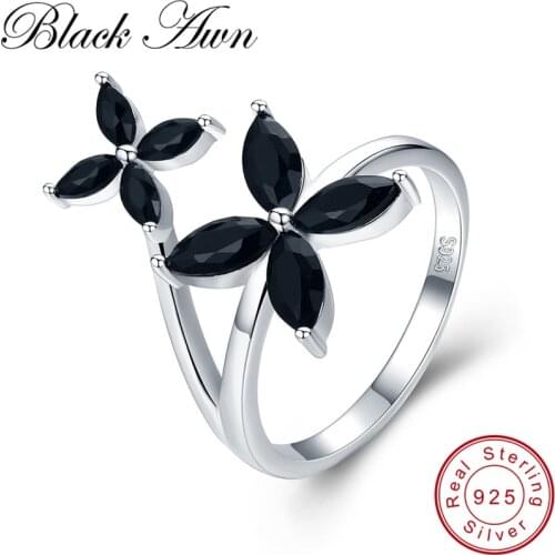 [BLACK AWN] 100% Real 925 Sterling Silver Ring Black Spinel Flower Elegant Wedding Rings for Women Sterling Silver Jewelry G032