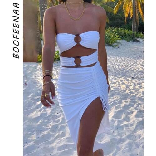 BOOFEENAA Sexy Cut Out O Ring Bodycon Dresses for Women Beach Party Club Outfits White Elegant Midi Dress with Split C16-CZ16