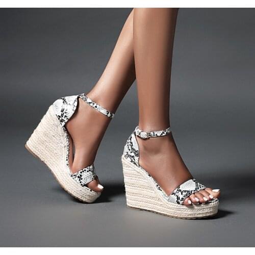 High Quality Snake Print Women Platform Sandals Ankle Strap High Heels Wedges Shoes for Women Ladies Open Toe Party Sandals