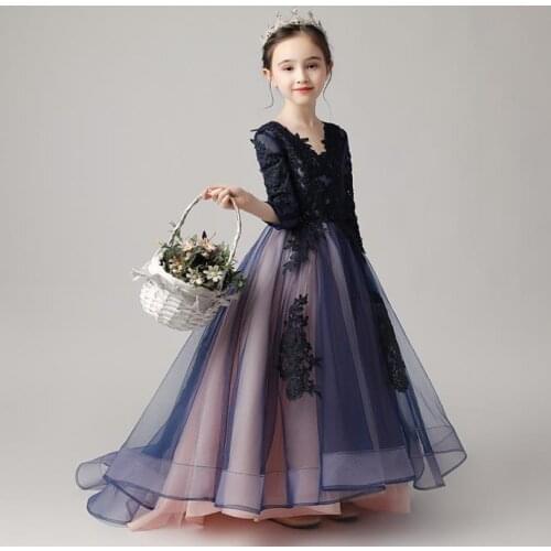 High-End Children Evening Gown Lace Mesh Stitching V-Neck Dress Kids Catwalk Birthday Party Dress For Girls Vestidos L534