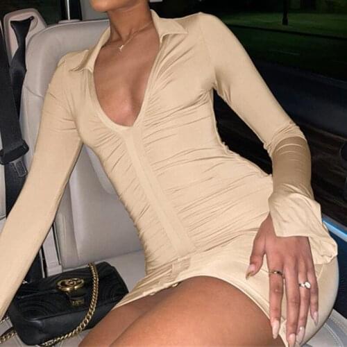 OMSJ Elegant Evening Club Party Dress For Women Solid Color V Neck High Waist Mini Slim Pleated Long Sleeve Shirt Dresses 2021
