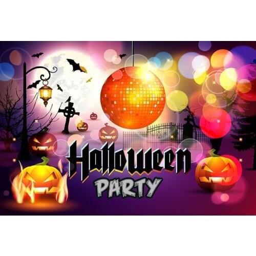 Halloween Theme Photography Background Black Fence Tree And Street Light With Glass Reflection Ball And Colourful Spots Backdrop