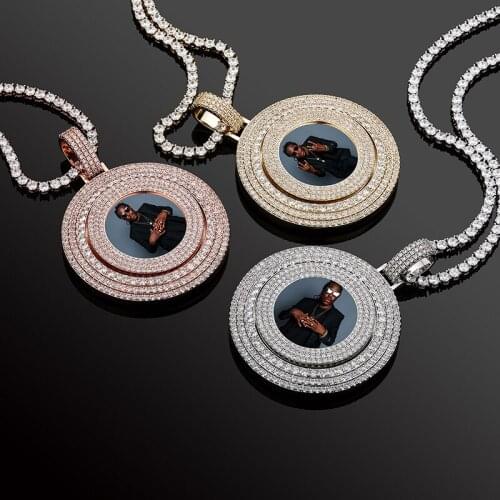 Custom Photo Frame Memory Medallions Rotatable Big Round Pendants Necklace for Men Bling Iced Out Hip Hop Rapper Jewelry