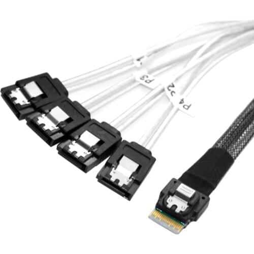 Jimier 50cm Slim Line SAS 4.0 SFF-8654 4i 38Pin Host to 4 SATA 7Pin Target Hard Disk Fanout Raid Cable
