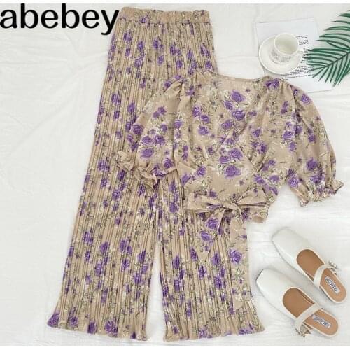 2021 New Summer Fashion All-match V-neck waist strap Top + high waist slim wide leg pants pleated Pants two piece