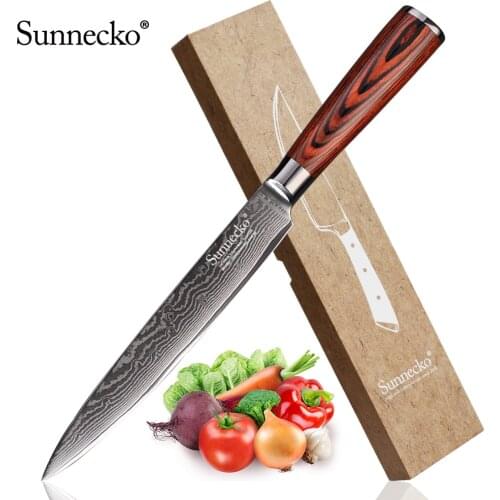 SUNNECKO 8" Chefs Slicing Kitchen Knife Japanese VG10 Steel Core Damascus Steel Blade Knives Pakka Wood Handle Meat Slicer Cut