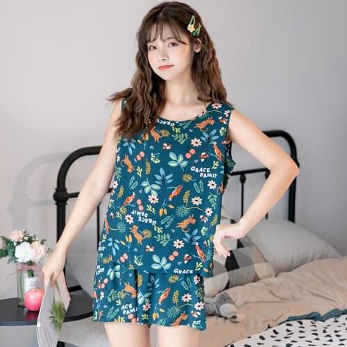 Summer Casual Tank Top Shorts Home Suit Cotton Womens Homewear 2 Piece Set Summer SleepWear Loose Home Clothes