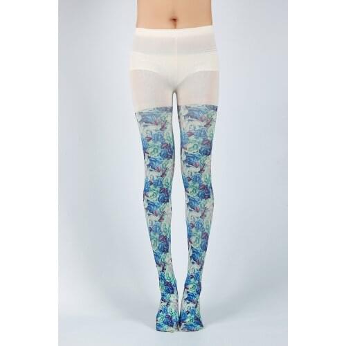 Fashion Sexy Designs Spring Blue Flower Pattern Digital Print Romantic Tights Womens Pantyhose Ladies Thick Soft Stockings