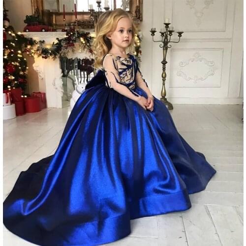 Charming Flower Girl Dresses Blue Little Girls Pageant Dresses Lace Applique Princess Children Wedding Gowns Flower Long Sleeve