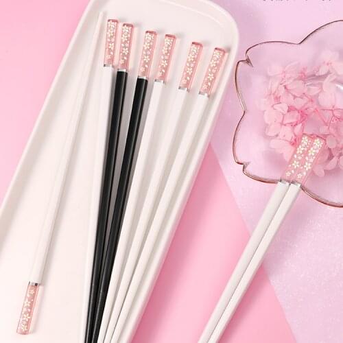 1 Pair Shiny Amber Sakura High-End Chopsticks 24cm Food Grade Plastic Alloy PET High Temperature Resistant Non-Slip Sushi Stick