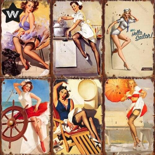 Sexy Beauties Metal Poster Tin Plaque Vintage Style Wall Sticker Retro Metal Sign Tin Plate Pin Up Girls Metal Sign for Man Cave