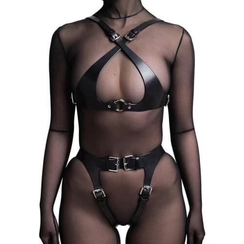 Sexy Leather Harness Women Bra Body Lingerie Bondage Garter Belt Leg Tight Goth Accessories Stockings With Belt Set sex shop
