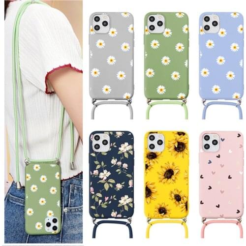 Silicone Phone Case For iPhone 12 11 Pro 12pro Max 7 8 6 6S Plus X XR XS max 5 SE 2020 Daisy Flower With Lanyard Neck Strap Case