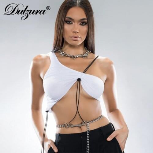 Dulzura Ribbed Ruched Drawstring Lace Up Crop Top Irregular One Shoulder Bodycon Sexy Streetwear Party Club 2021 Summer Clothes