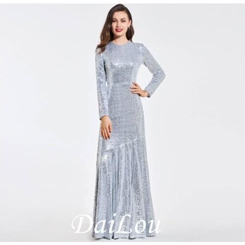 Sheath Long Sleeves Zipper-Up Floor-Length Scoop Sequins Evening Dress 2021