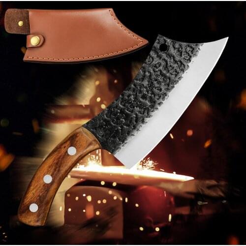 XYj 2PCS Handmade Forged Tactical Knife Leather Cover Sheath Serbian Chef Hiking Camping Fixed Knife Slicer Chopping Cleaver
