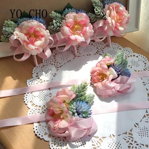 YO CHO High Quality Artificial Peony Wrist Corsage Bracelet Bridesmaid Hand Flower Wedding Dancing Party Decor Bridal Prom Party
