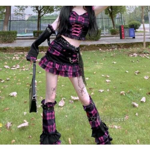 Japanese Gothic Harajuku Pink Plaid Hot Girl Mini Kawaii Skirts Fashion Sweet Girl Punk High Waist Short Skirts Suit
