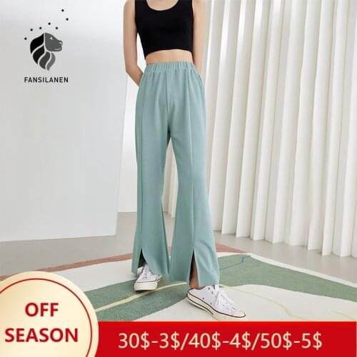 FANSILANEN Office Lady Knitted Pants Women 2021 New Summer Slit Casual Pants High Waist Mopping Black Blue Pants Dropshipping