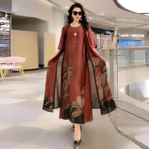 Middle Aged Mother Dress Suit Summer Casual Plus Size Printing Two Piece Suits Long Dress Suits Women Temperament Dress Sets 729