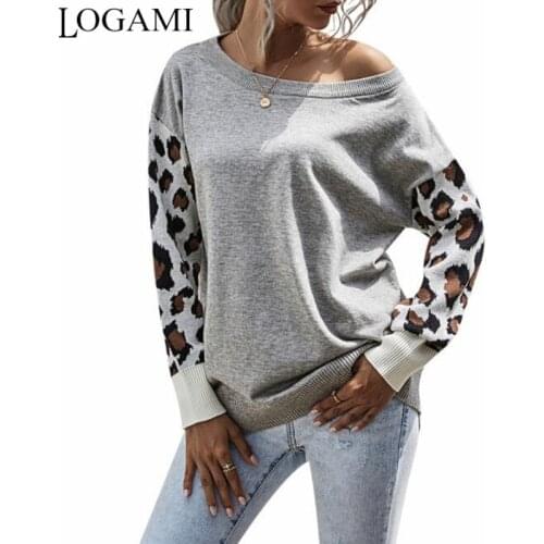 LOGAMI Leopard Knit Sleeve Women Sweater O Neck Autumn Winter Vintage Pullover Female Jumper